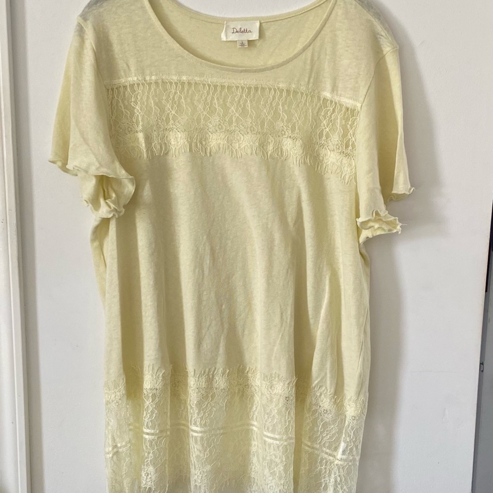 Deletta Yellow Linen & Lace Tee - L